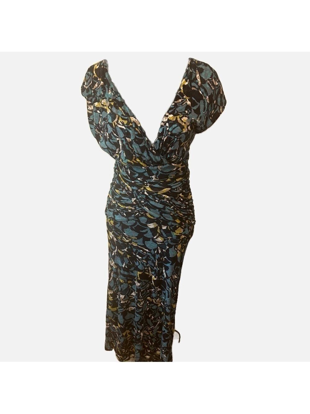 Moulinette Souers Women Midi Dress Botanica Dusk Small Rayon Ruched Waist Deep V